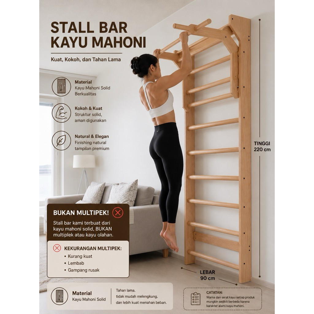 FULL KAYU Stall Bar Wall Bar Kayu Gymnastic Calisthenics Pull up