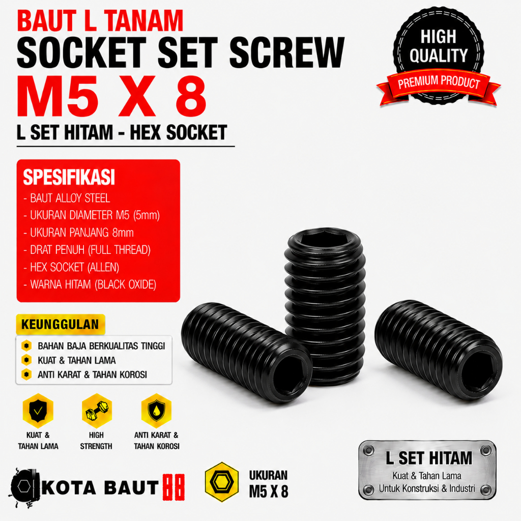 Baut L Tanam M5X8 / L Set 5X8 / Baut Tanam L M5 X 8 / L Set Hitam 5 X 8  - Socket Set Screw Black