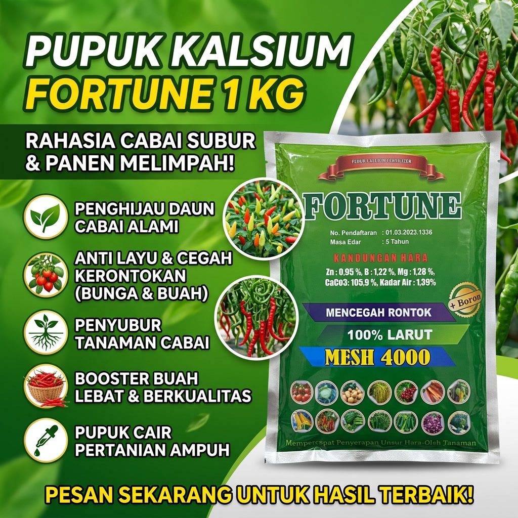 Pupuk Kalsium Fortune 1 KG Obat Penghijau Daun Cabai Anti Layu Pencegah Rontok Bunga dan Buah Cabe R
