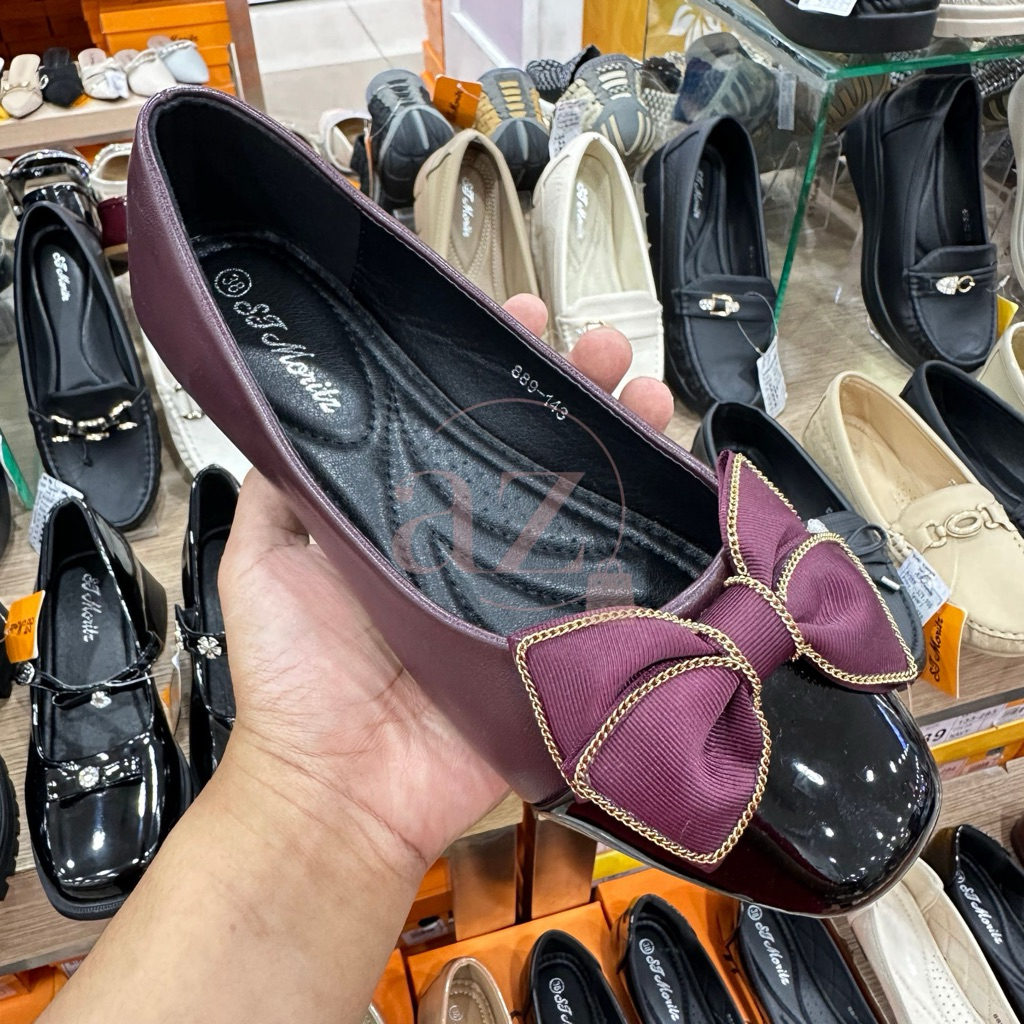 St. Moritz sepatu casual sekolah kerja wanita flat shoes hitam maroon pita