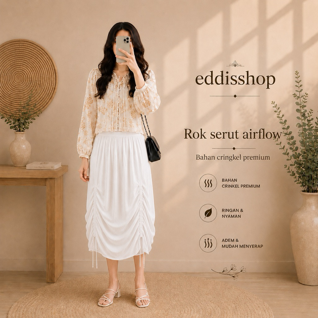 Rok Midi Serut Bawah Wanita Crinkle Premium | Rok Korean Style Casual Aesthetic | Rok Panjang Kekini