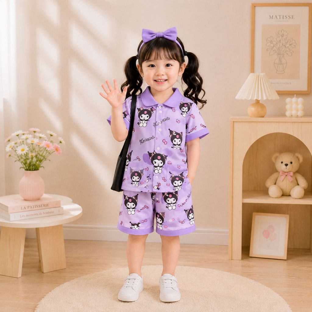 Piama anak perempuan motif kuromi usia 1-10 tahun/baju tidur anak kuromi celana pendek