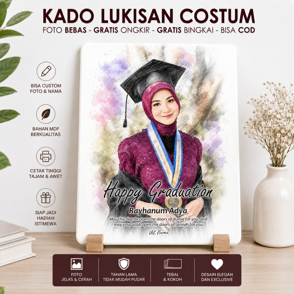 Custom Foto Kado Lukisan Wisuda - Kado Wedding Free Frame, Desain Unik, Cocok untuk Ucapan Spesial
