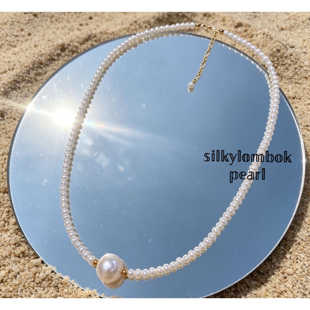 Kalung rhodium mutiara air tawar asli Kalung full mutiara air tawar asli lombok Kalung mutiara oval 