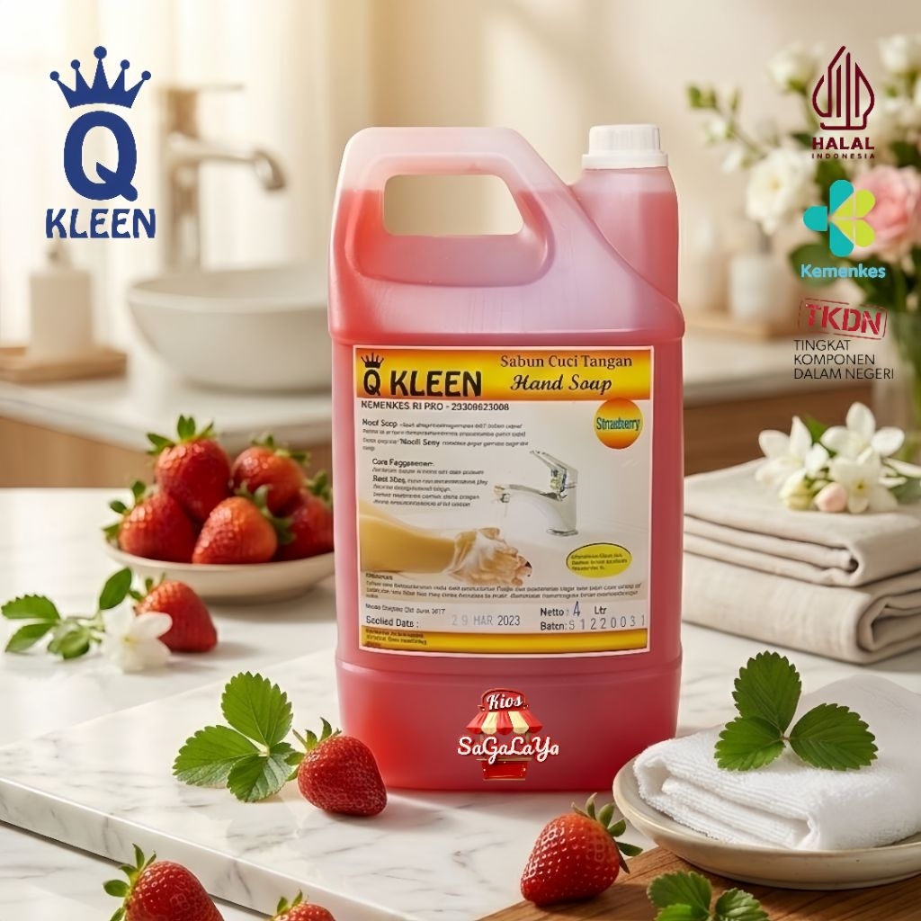 Q KLEEN Hand Soap STRAWBERRY 4L – Sabun Cuci Tangan Cair Wangi STRAWBERRY, Higienis & Lembut di Kuli