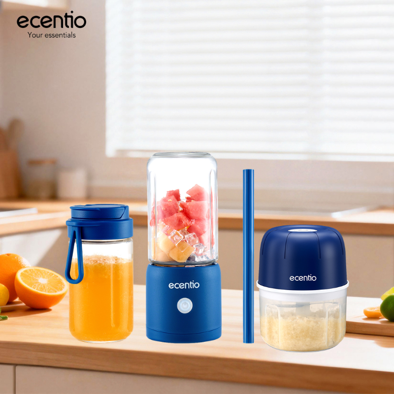 ecentio Juicer Portable Blender MPASI Portable 2 Food Grade Kaca Gelas Tahan Pecah 380ml+380ml 10 Pi