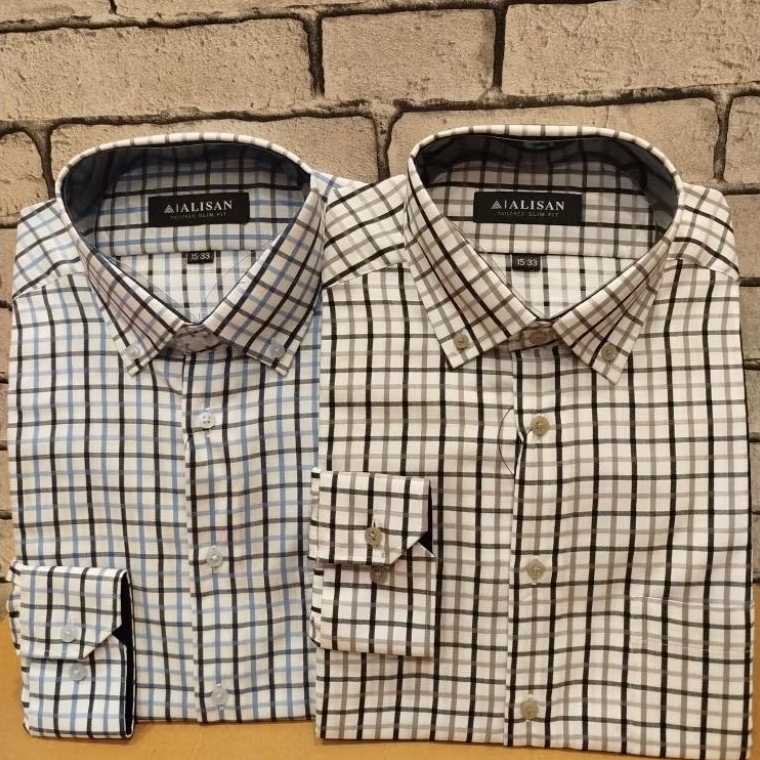 Alisan kemeja motif garis kotak lengan panjang slimfit
