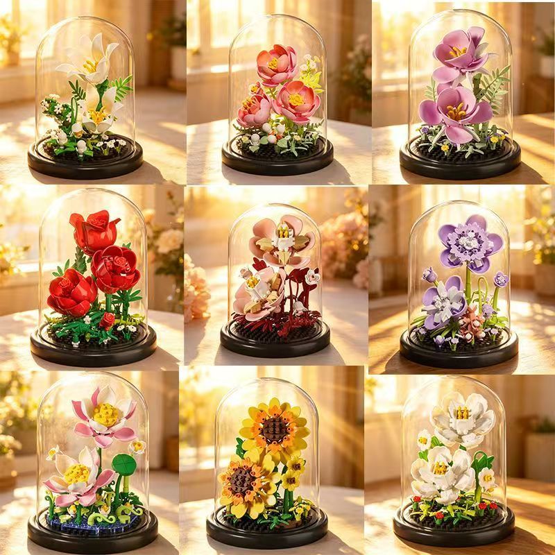 DIY Rakit Blok Mikro Bunga Abadi Pot 3D Hiasan Interior Ada Cover Kaca Anti Debu Cocok Hadiah Ulang 