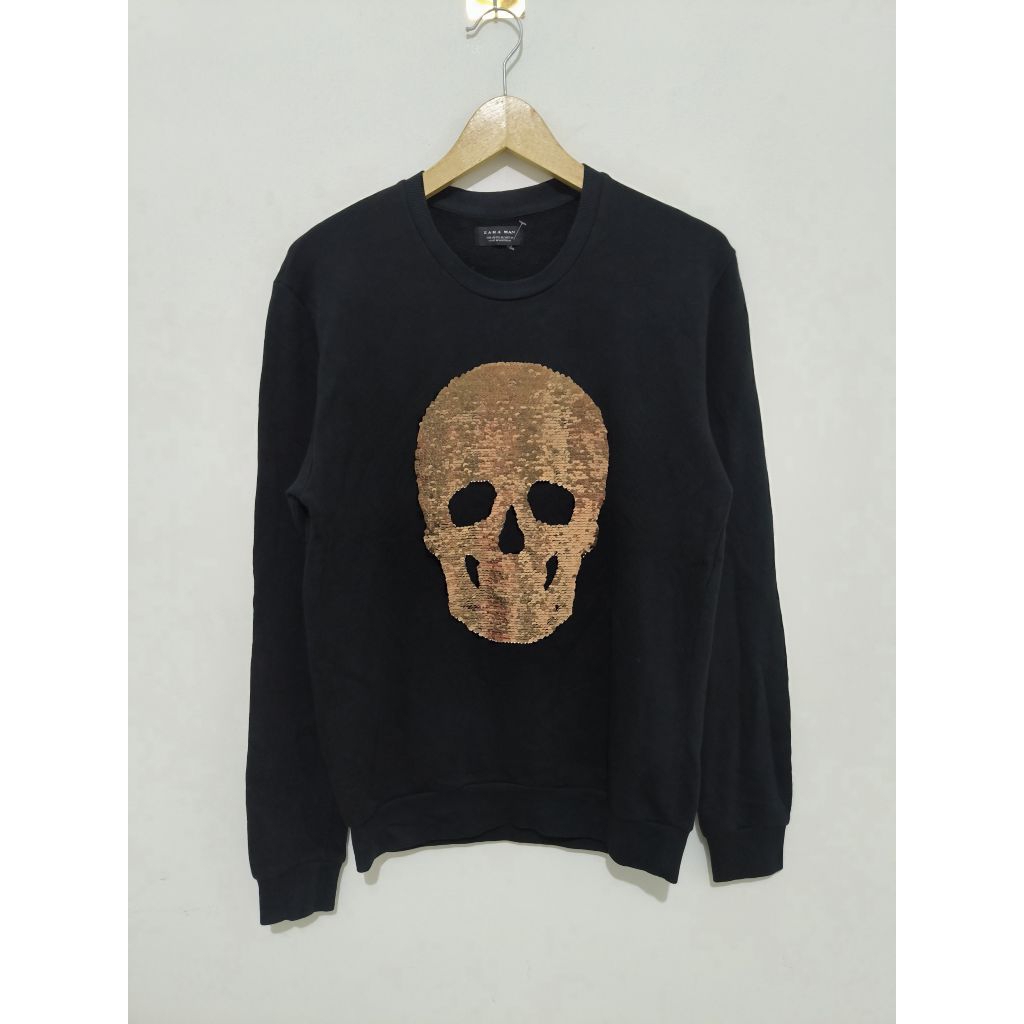 Sweater Crewneck Zara Man Skull Logo Reversible Black size M