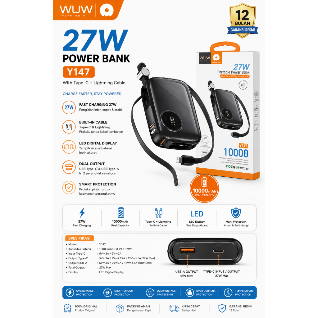 PB WUW 10.000 Y147 27W || POWER BANK WUW 10.000 MAH TIPE C FAST CHARGER 27W