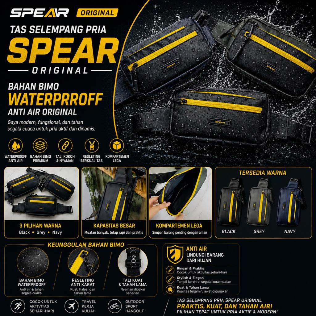 TAS SELEMPANG PRIA SPEAR ORIGINAL BAHAN BIMO WATERPROFF ANTI AIR ORIGINAL SIZE 22x13x5CM