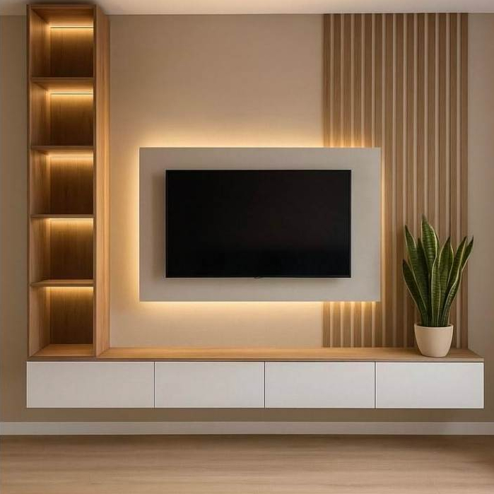 KHUSUS CUSTOM - BACKDROP TV MINIMALIS CUSTOM | LEMARI TV GANTUNG MEWAH | RAK TV DINDING LED PANELINT