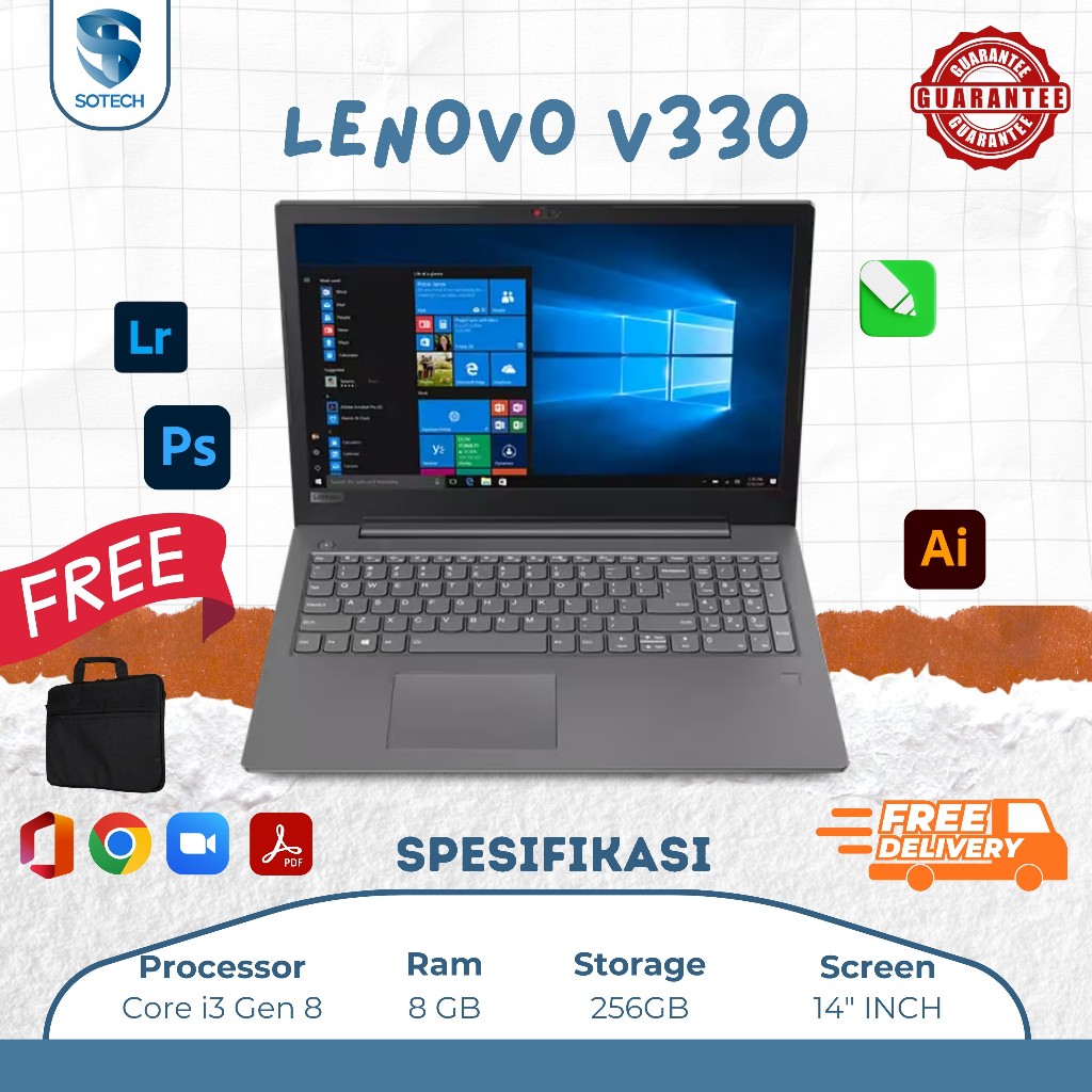 Laptop Kerja Kuliah Lenovo V330 i3 Gen 8 Responsif Tahan Lama Simpel Elegan Garansi