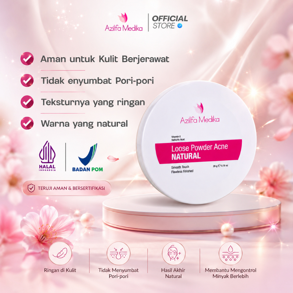 Azilfa Loose Powder Acne Bedak Tabur Acne BPOM Menyerap Minyak Berlebih Menyamarkan Jerawat dan Noda