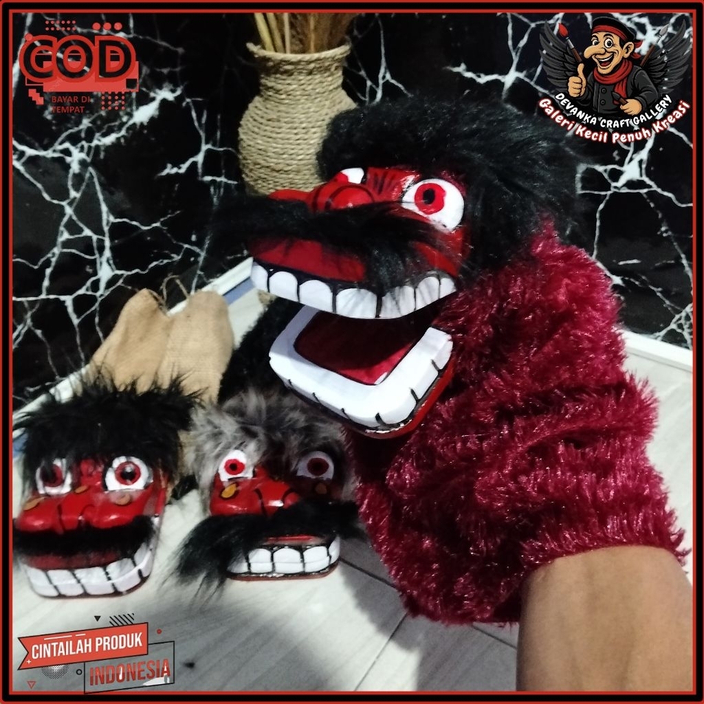 Barongan Caplokan Tangan Mini - Handmade Ekspresi Galak, Bahan Raspur & Goni, COD Bayar di Tempat