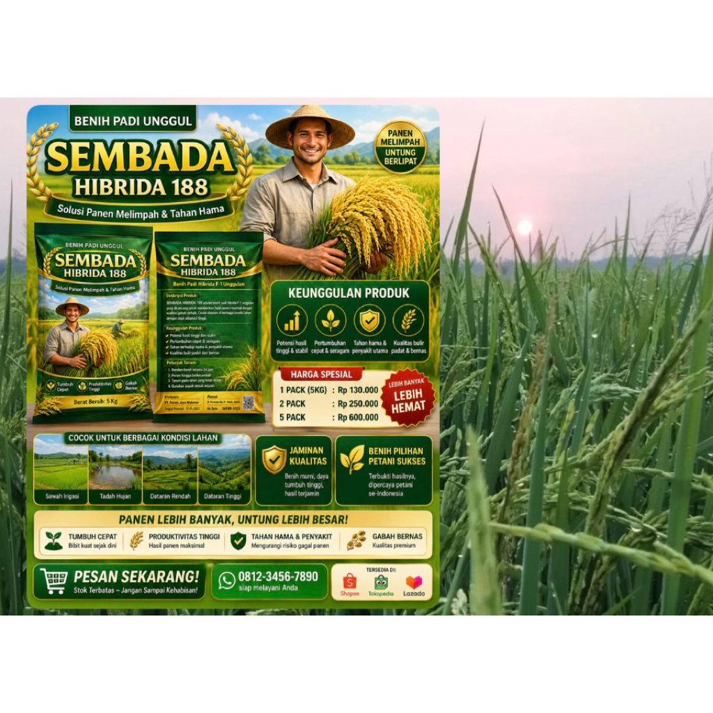 bibit padi SEMBADA HIBRIDA 188 bibit padi berkwalitas unggul cocok untuk petani hebat