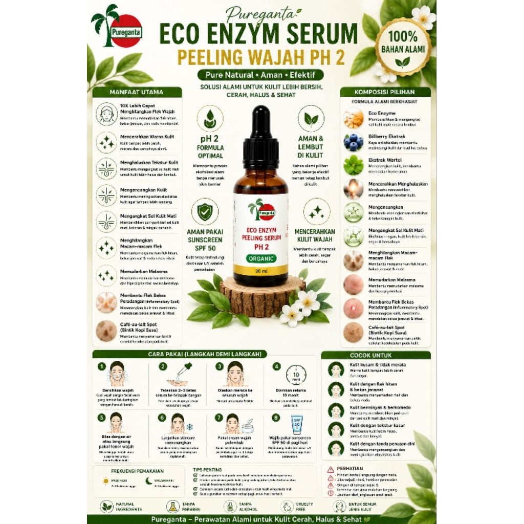 Pureganta Peeling Serum Eco enzyme  Serum PH 2 /Ampuh  Penghilang Flek di Kulit Wajah, Mencerahkan k