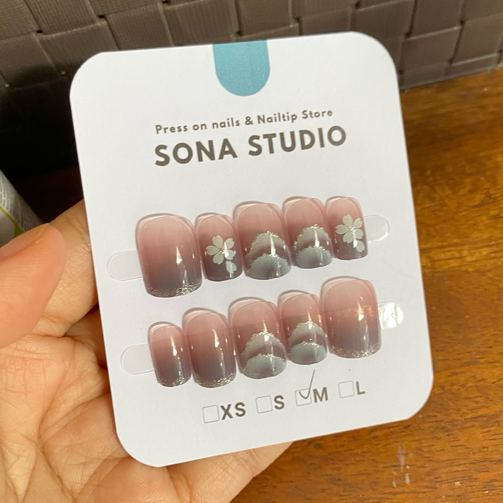 Skin Purple Beach Motif Ombak Bunga Fake Naiks Kuku Palsu Press on nails