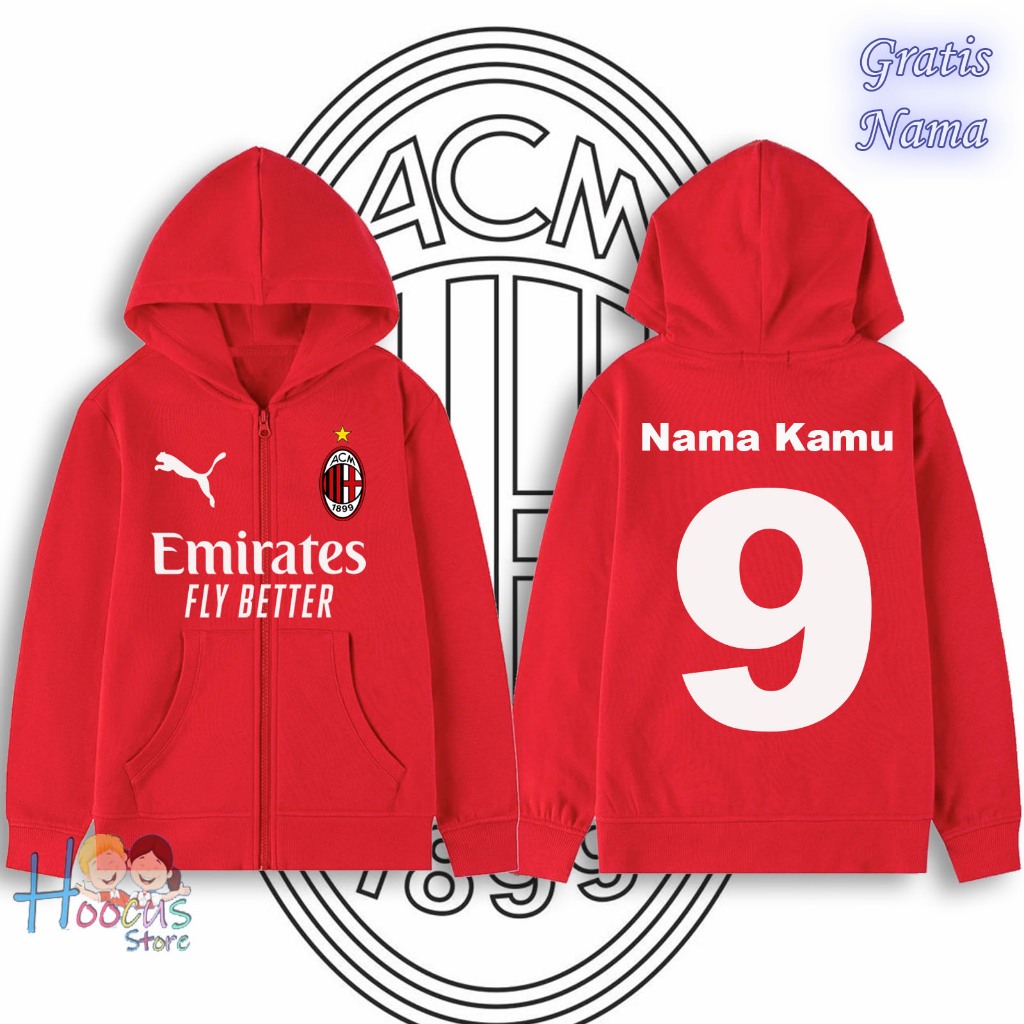Jaket Resleting Anak Ac Milan Custom Nama Dan Nomor - Sweater Zipper Anak Ac Milan