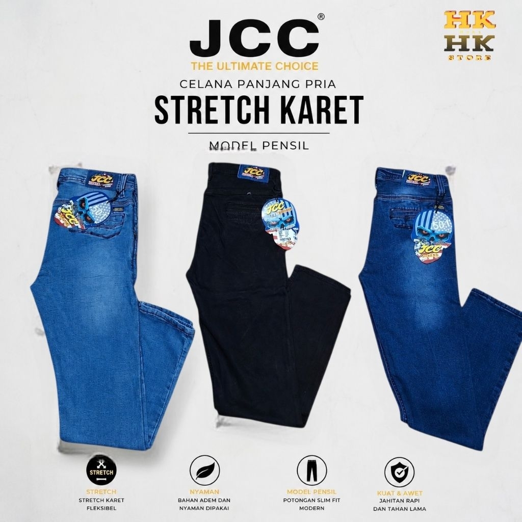 Celana Panjang Pria Original Merk JCC Levis stretch karet Pensil Distro Denim 3 Warna Size 27-38