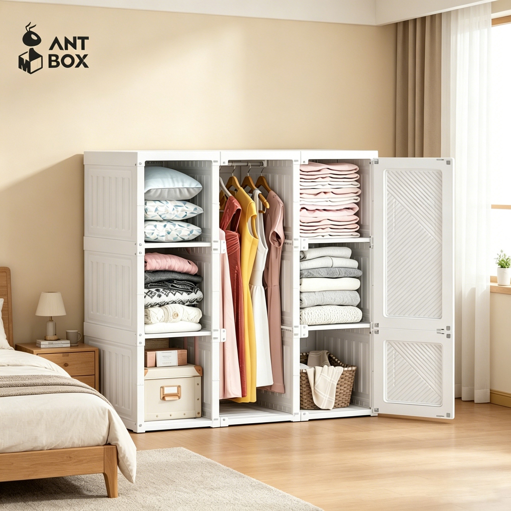 ANTBOX Lemari Pakaian Putih 9 Box 1 Gantungan 540L Wardrobe Lemari Baju Putih Lemari Plastik Lipat
