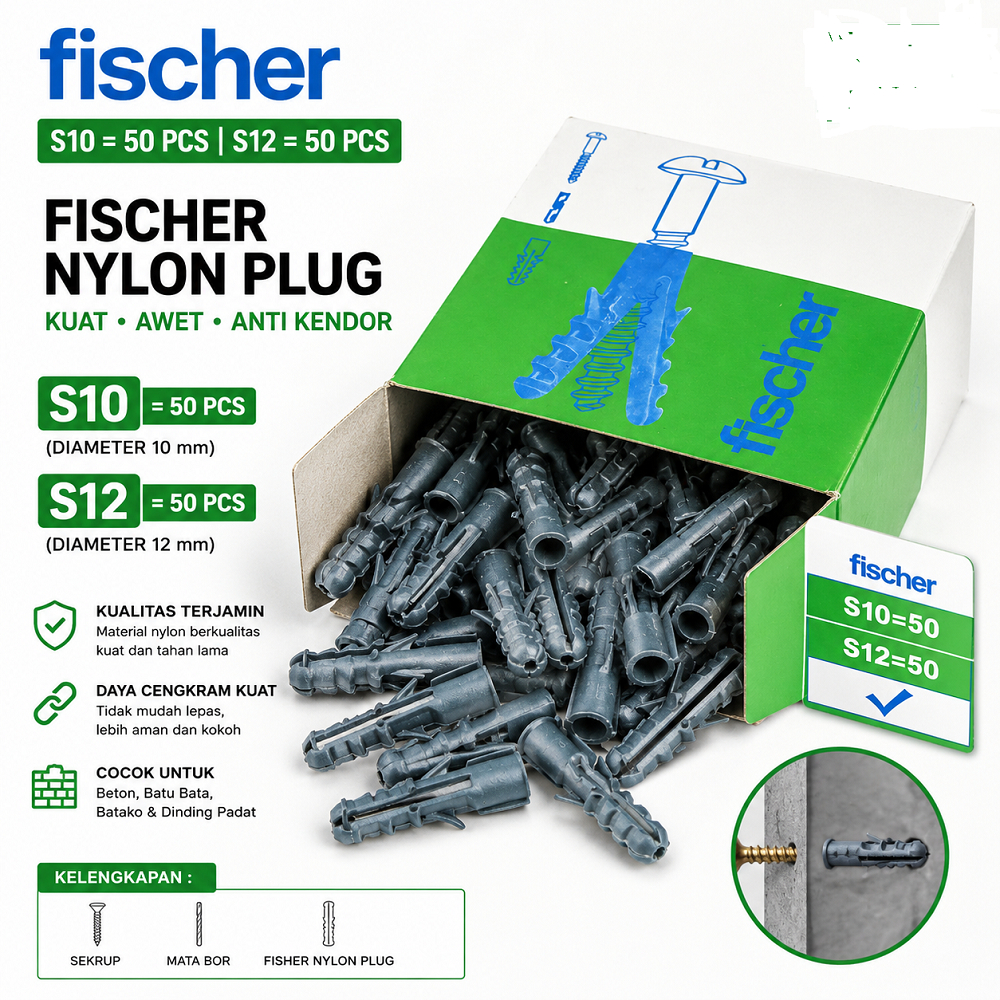 Fisher Besar S10 S12 + Sekrup Baut Dinding Beton Gypsum Rak TV