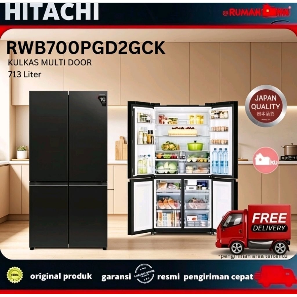 Hitachi Kulkas R-WB700PGD2 GCK/French Bottom Freezer 4 Pintu Glass Black