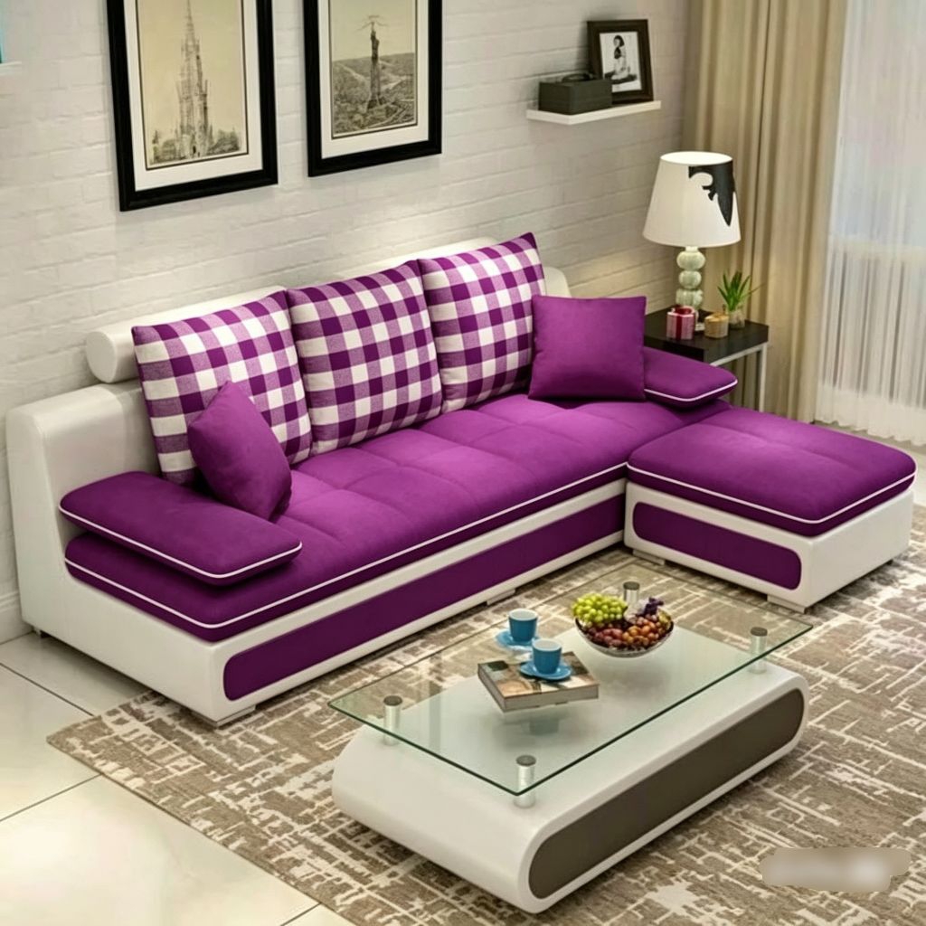 . Sofa Ruang Tamu 1 Set Model L Sudut Klasik Motif Kotak