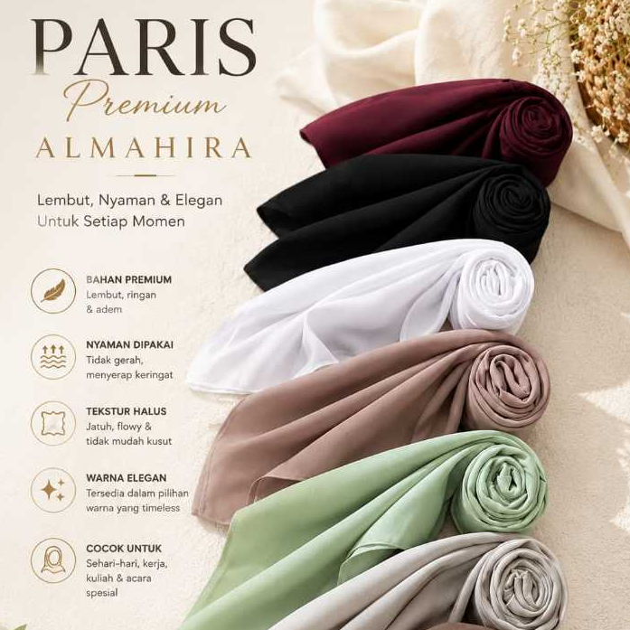 Hijab Segi Empat Paris Premium Polos Original Almahira / Jilbab Segi Empat Paris Premium Jahit tepi