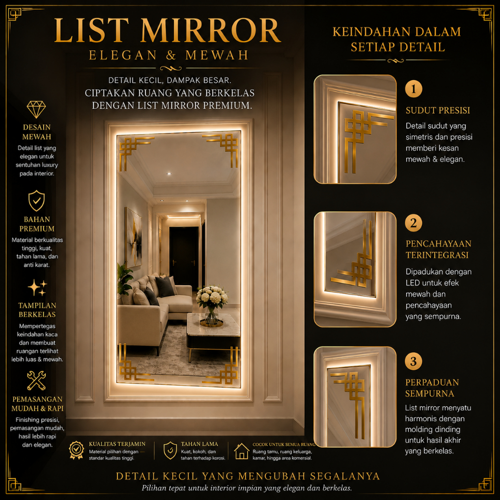 WD List Gold Mirror Stiker Dinding Dekorasi Sudut Siku Wall Sticker Dekorasi Motif Strip Ornamen Dek