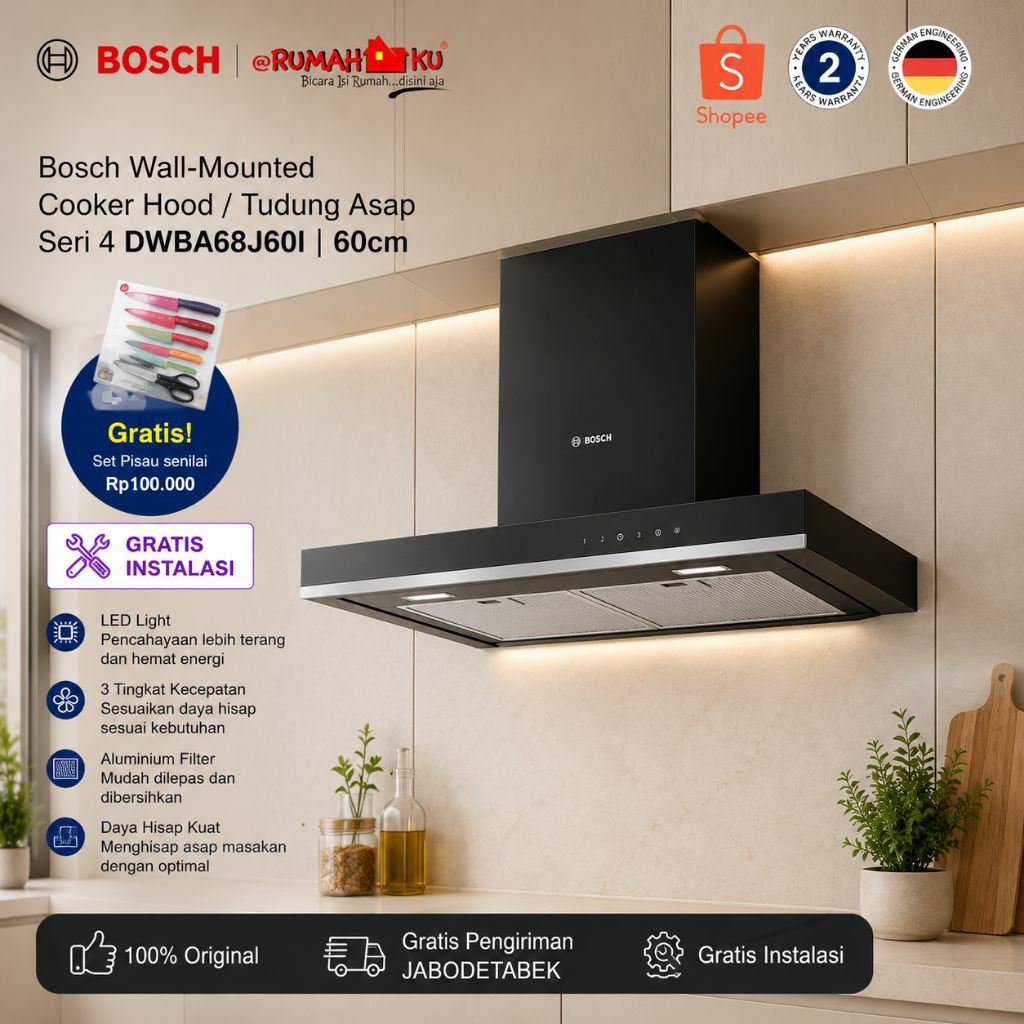 Bosch DWBA68J60I Tudung Asap Dinding 60 cm Flat Black Seri 4