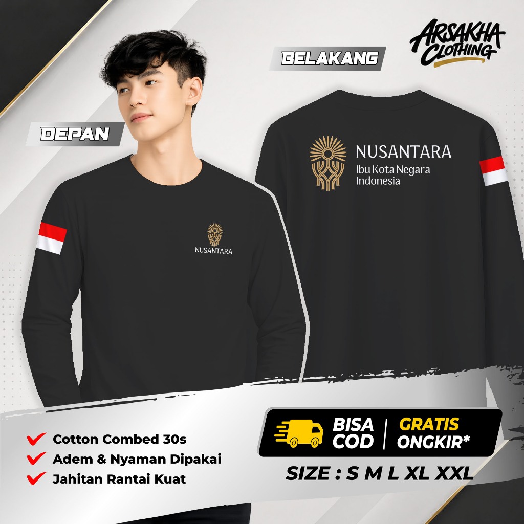 Kaos Lengan Panjang IKN Nusantara Ibu Kota Negara Indonesia v2 Cotton Combed 30s NC Sablon DTF Arsak