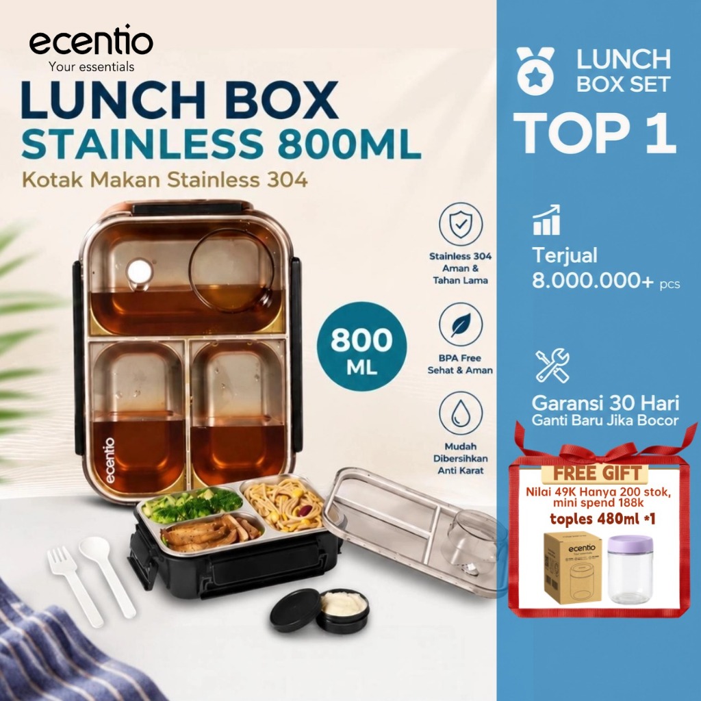 [Versi 2.0] ecentio lunch box stainless 800ml kotak makan stainless 304 tempat makan tempat bekal ma