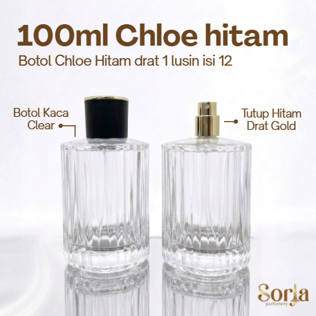 Botol Parfum Chloe 100ml Kotak Tutup Hitam Gold - Desain Elegan, Isi Ulang, Drat Gold, 100ml cloe