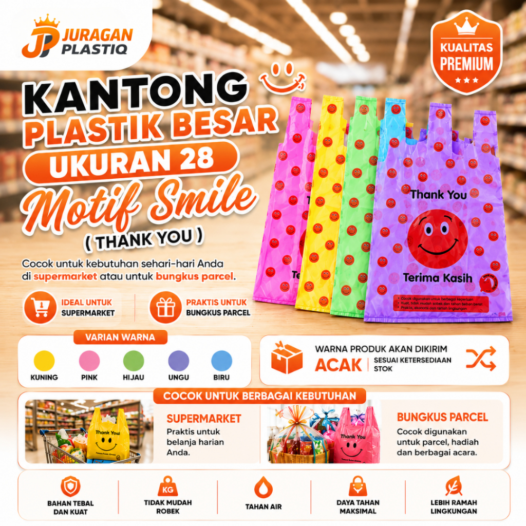 KANTONG PLASTIK KRESEK BESAR WARNA RAMAH LINGKUNGAN  UK 28 MOTIF SMILE KLIN / THANK YOU / TERIMA KAS