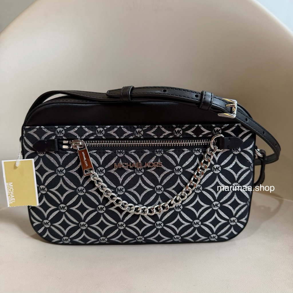 Tas jetset chain mk signature black silver jacquard crossbody bag