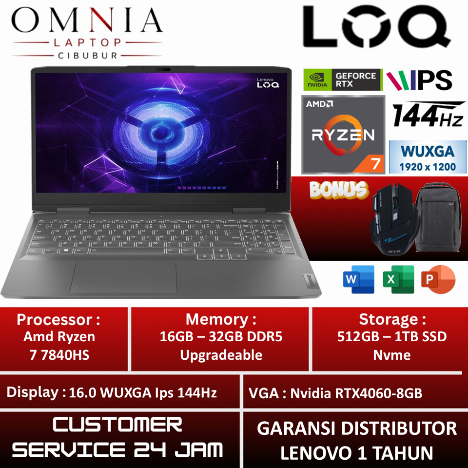 Lenovo LOQ Gaming 16 Amd Ryzen 7 7840HS 32GB DDR5 1TB SSD RTX4060-8GB WUXGA 144Hz Windows 11