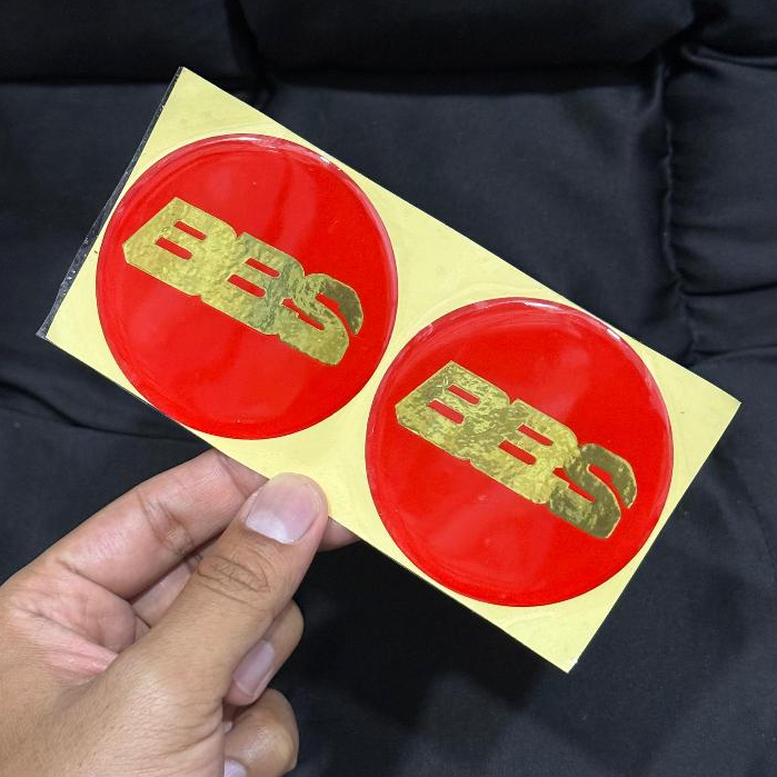 Stiker Cutting Tutup Dop Velg Mobil Timbul Logo B Be eS Merah Gold Ukuran 7,6 & 5 CM Sticker Timbul