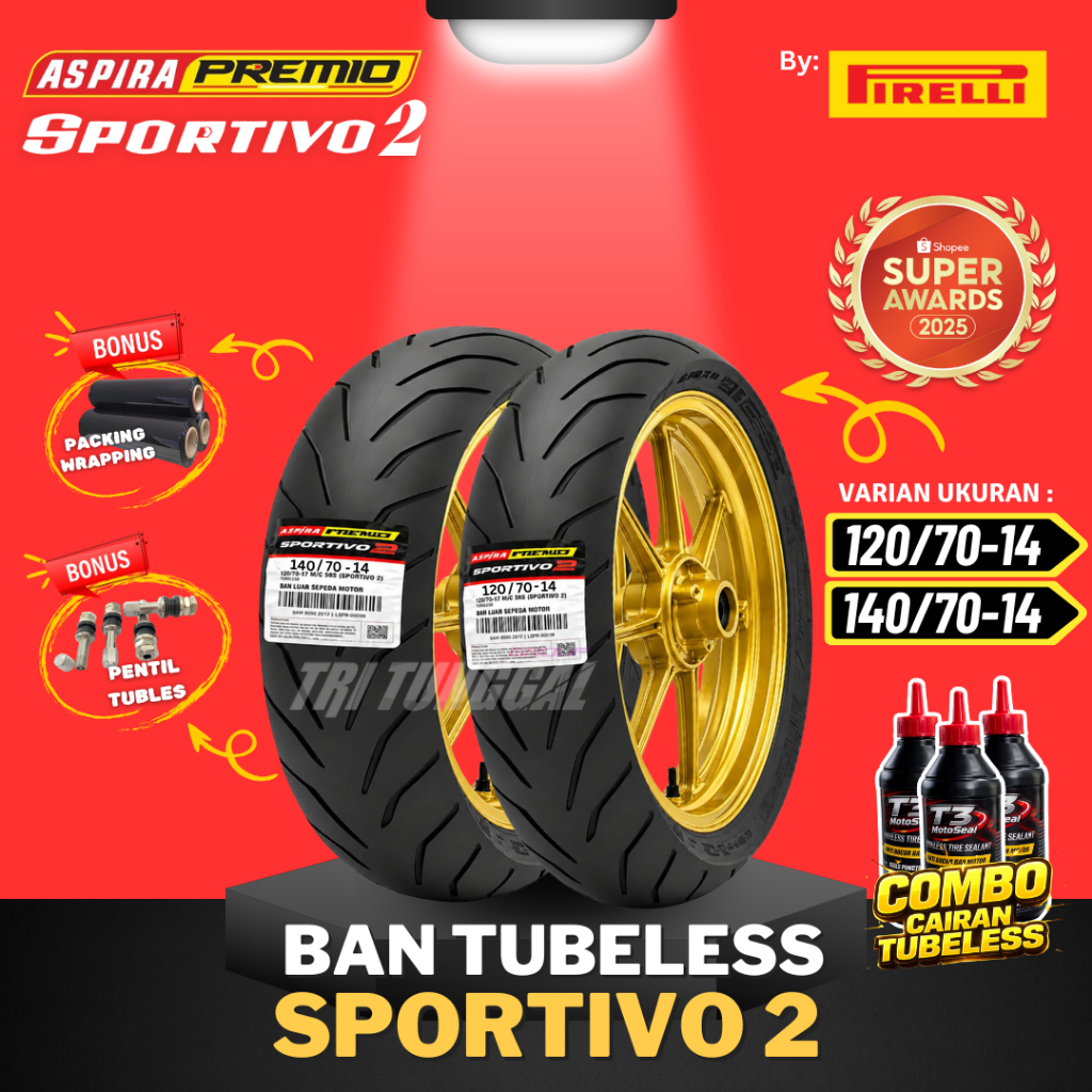 [READY COD] BAN ASPIRA PREMIO SPORTIVO 2 ( 120/70-14 & 140/70-14 ) TUBELESS MEDIUM SOFT COMPOUND RIN