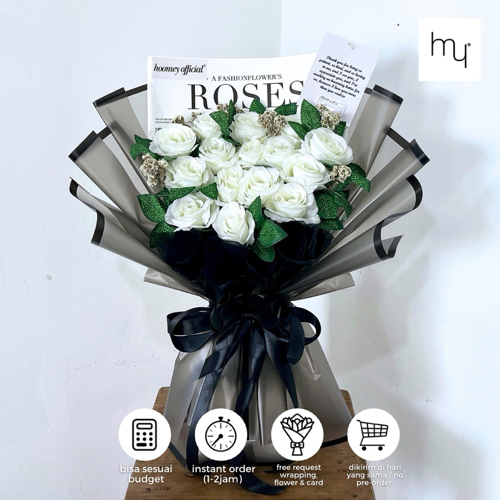 HOOMEY - Buket Bunga Artificial Mawar Putih | Bucket Bunga Wisuda | Bouquet Cowok | Buket Sempro