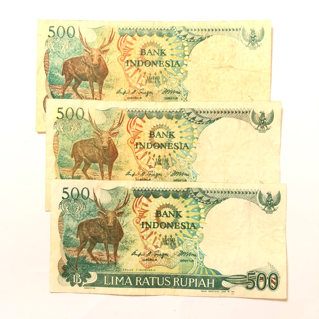 Uang Kertas Kuno 500 Rupiah Rusa / Kijang Seri 80an Tahun 1988 Kondisi Bagus Gress UNC - Vf Original