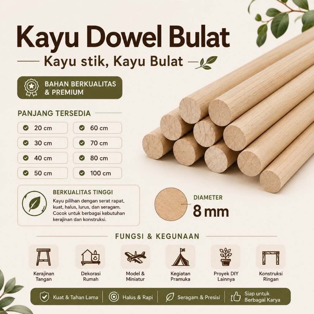 Kayu Dowel, Dowel Bulat, Kayu Stik Diameter 8 mm