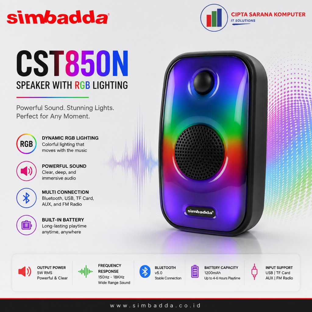 Speaker Bluetooth Simbadda CST850N Portable dengan RGB Light Hitam