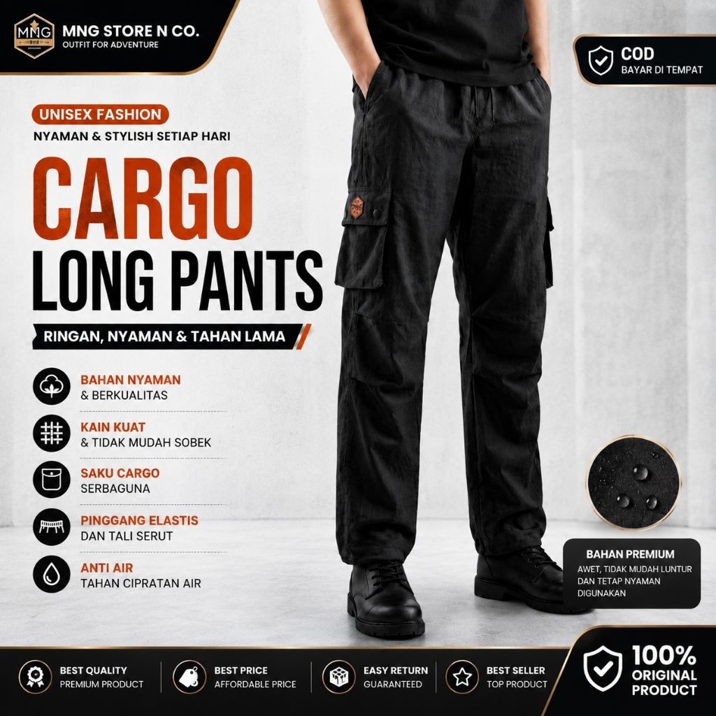 MnG Celana Cargo Panjang Hitam Pria Wanita Casual Outdoor Stylish