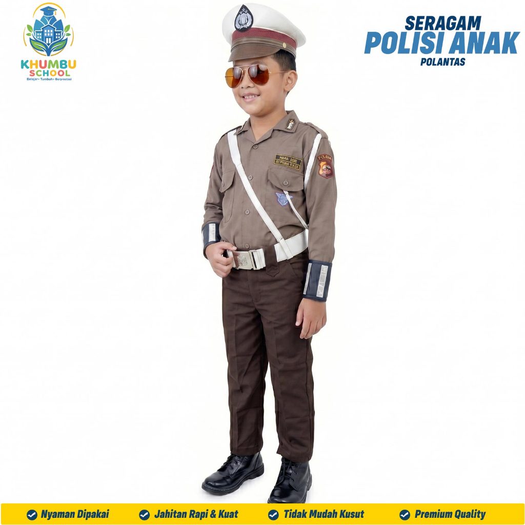 Setelan Seragam Polisi Polantas Anak Laki-laki Baju Pocil Karnaval Bahan Drill Lengkap Topi Peluit