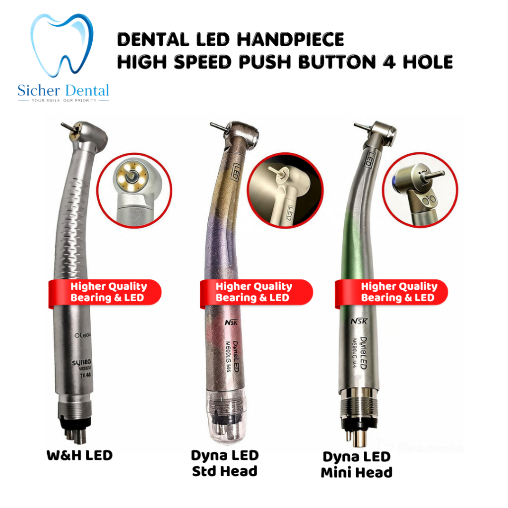 Highspeed Handpiece Dental with LED Lampu 4 Holes / High Speed Hand Piece Small Mini Head / Bur Gigi