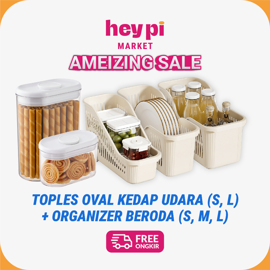 PAKET HEMAT : SET 2 PCS (0.5KG & 1KG) TOPLES LID PUTIH TRANSPARAN KEDAP UDARA + 3 PCS KERANJANG SKIN