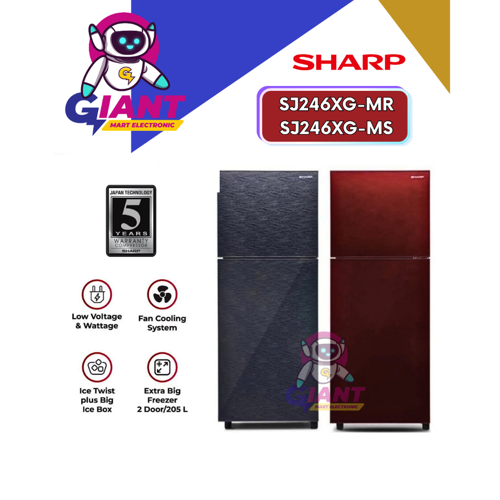 KULLAS 2 PINTU SHARP SJ246XG-MR/SJ246XG-MS / SJ-246XG-MR/SJ-246XG-MS SHINE GLASS SERIES 205 LITER