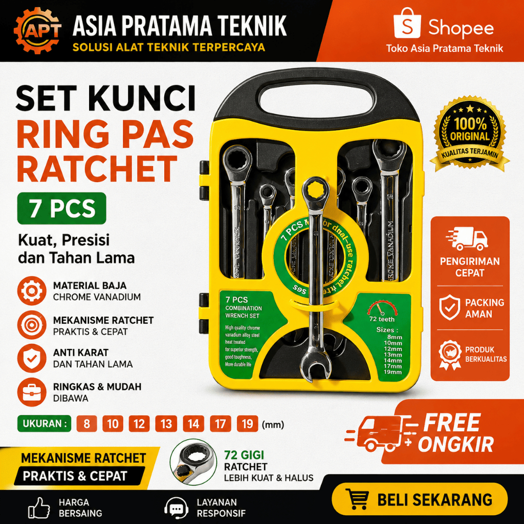 HEMAT KUNCI RING PAS RACHET SET KUNCI RING PAS 8MM - 19MM KUNCI KOMBINASI 7PCS COMBINATION SPANNER
