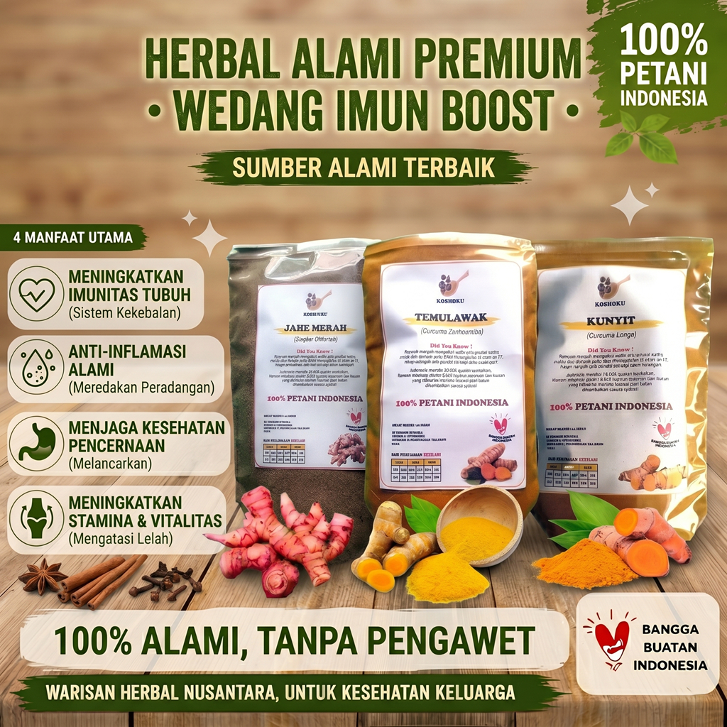 Wedang Jamu Imun Booster Daya Tahan Tubuh. Kunyit Temulawak Jahe Merah Bubuk Tanpa Campuran